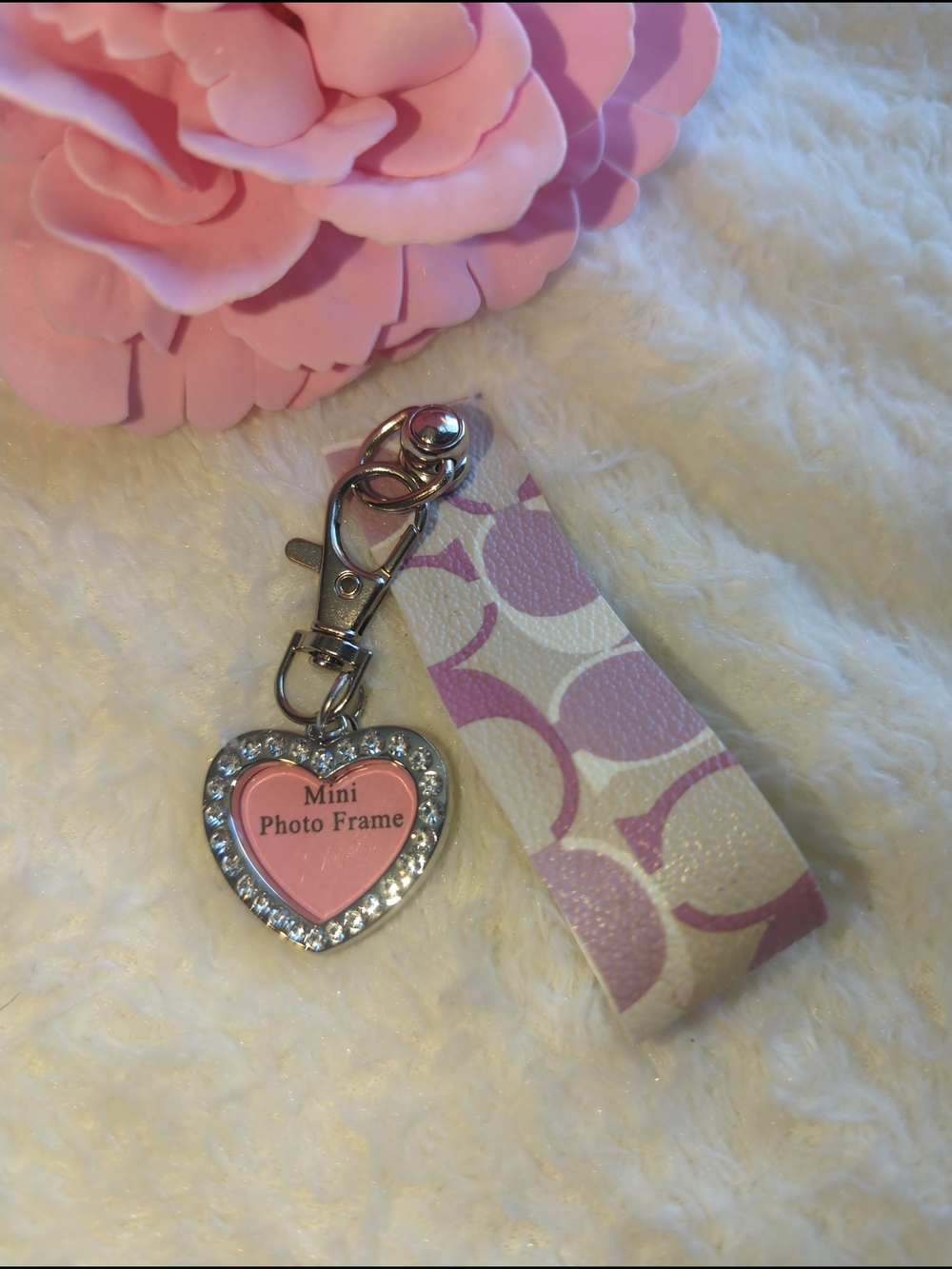 Coach CC Purple Canvas Upcyled KeyChain With Unbranded Heart Bling Photo Frame